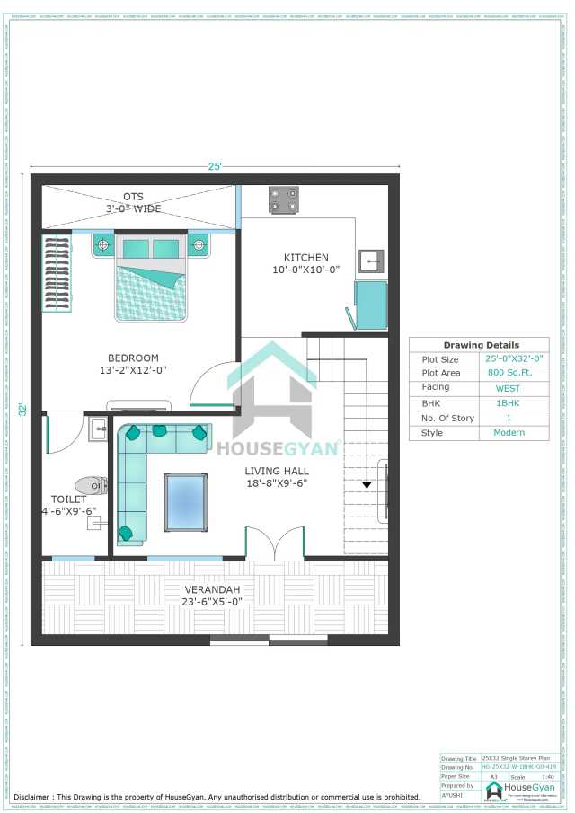 25X32 West Facing 1BHK Ground Floor House Plan | 800 Sqft Plot Floor Plan
