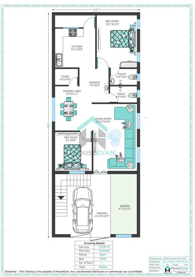 22X56 East Facing 2BHK Ground Floor House Plan