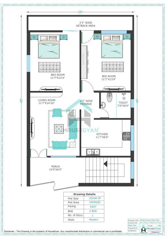 25X40 East Facing 2BHK Ground Floor House Plan