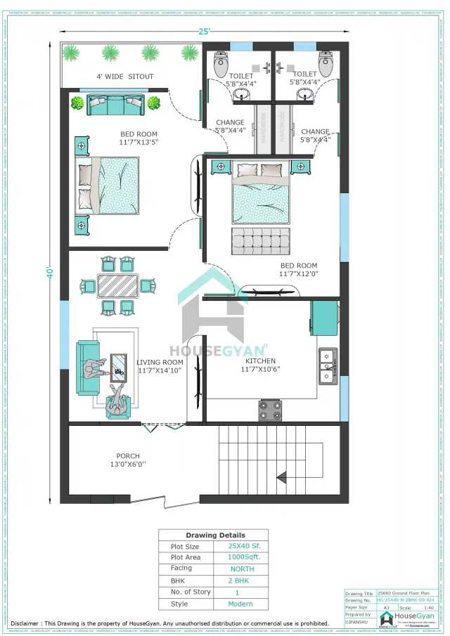 25X40 North Facing 2BHK Ground Floor House Plan | 1000 Sqft Plot Floor Plan