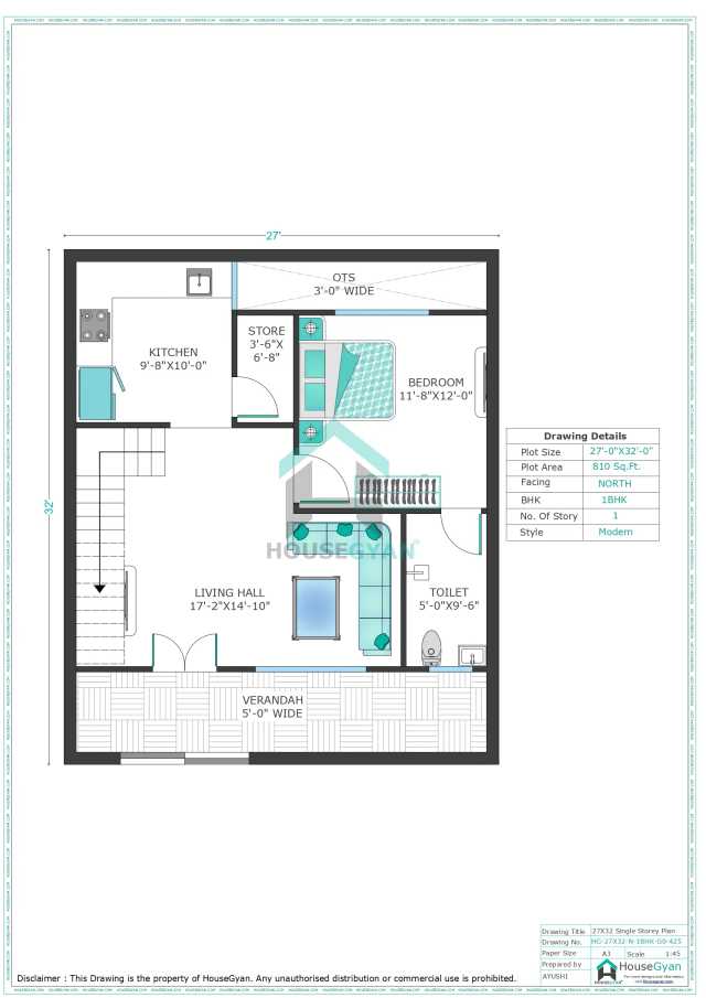 27X32 North Facing 1BHK Ground Floor House Plan | 864 Sqft Plot Floor Plan