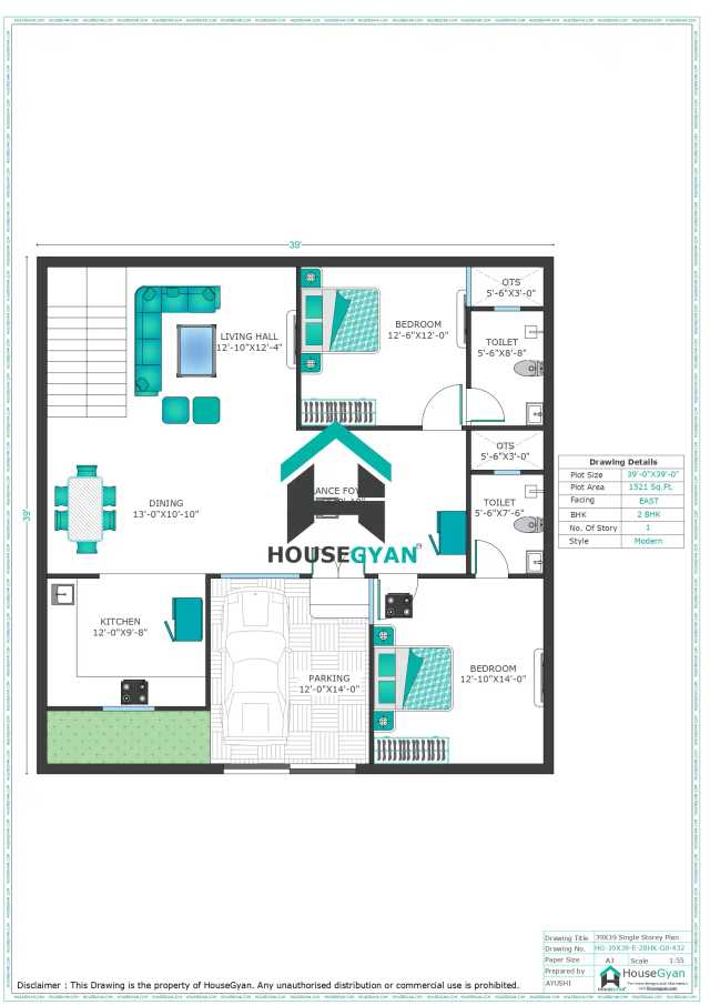 39X39 East Facing 2BHK Ground Floor House Plan