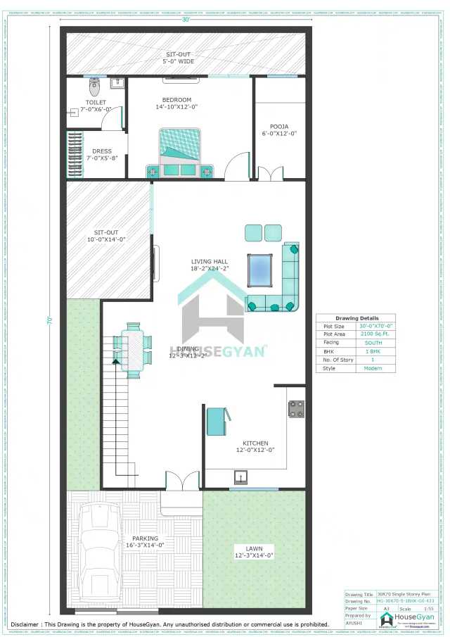30X70 South Facing 1BHK Ground Floor House Plan