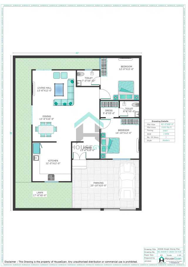 40X48 East Facing 2BHK Ground Floor House Plan