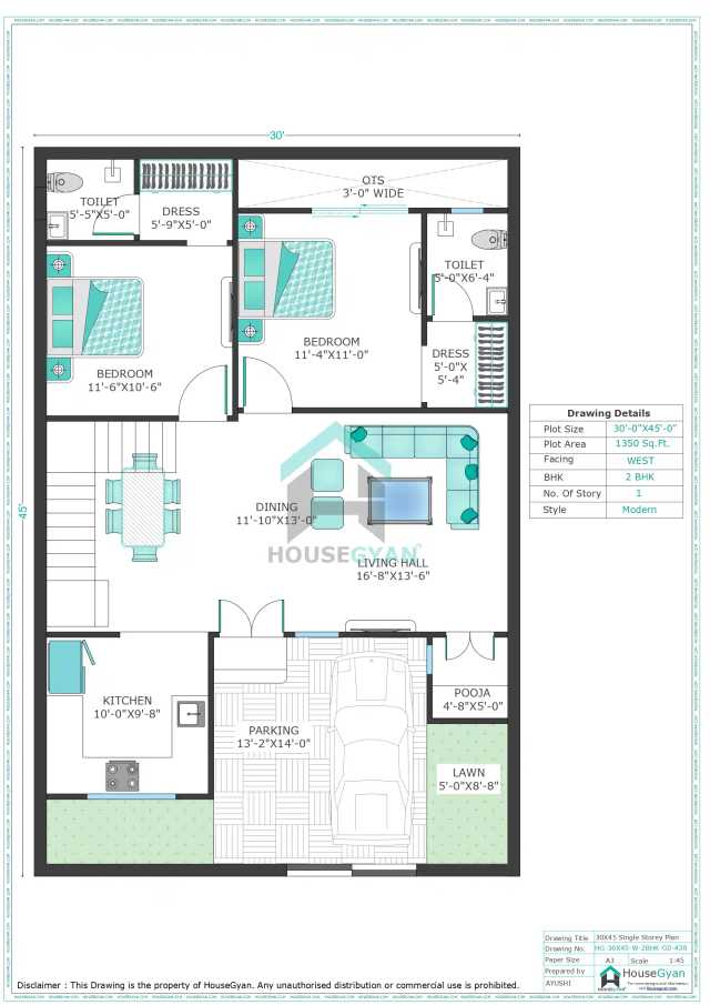 30X45 West Facing 2BHK Ground Floor House Plan | 1350 Sqft Plot Floor Plan