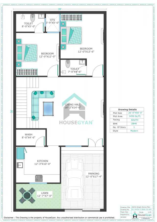 26X56 South Facing 2BHK Ground Floor House Plan | 1456 Sqft Plot Floor Plan