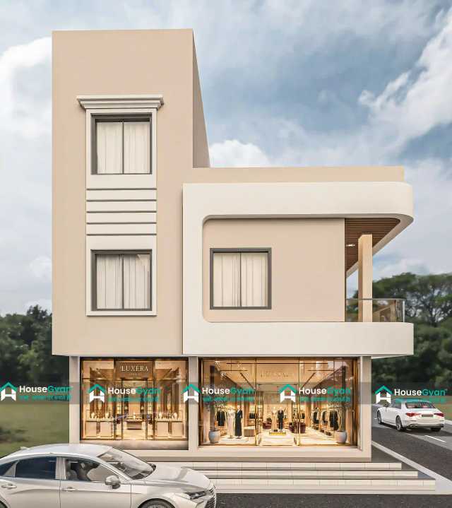 28x56 Modern Commercial + Residential Elevation with Showroom Frontage