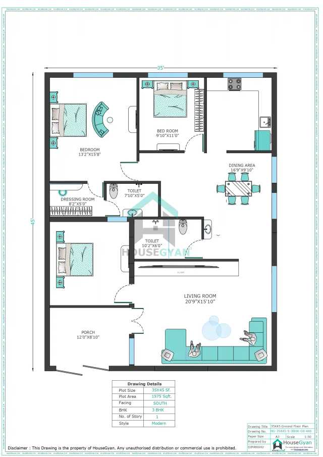35X45 South Facing 3BHK Ground Floor House Plan