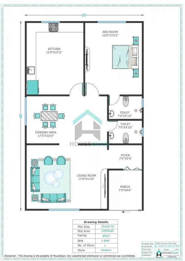 25X40 West Facing 1BHK Ground Floor House Plan