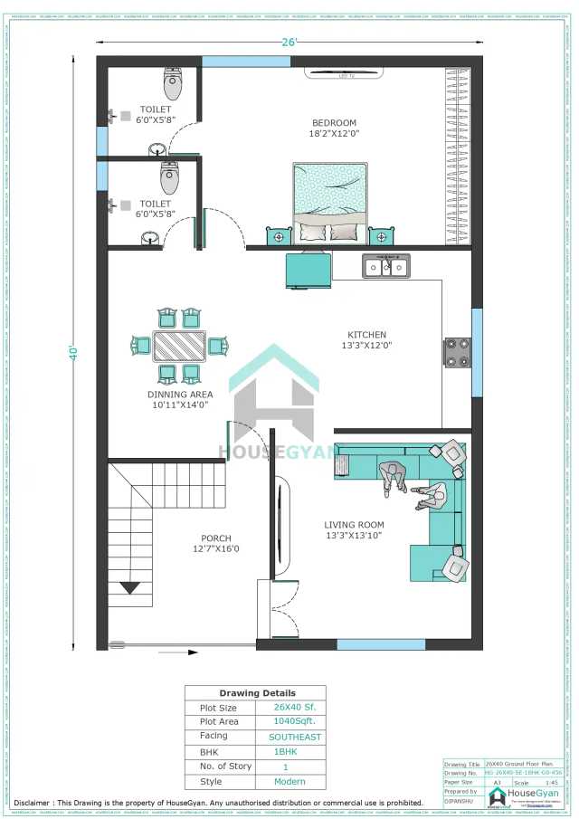 26X40 South East Facing 1BHK Ground Floor House Plan