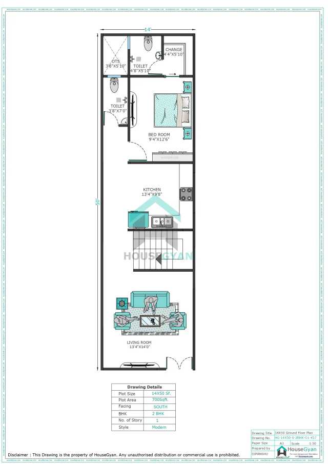 14X50 South Facing 2BHK First Floor House Plan