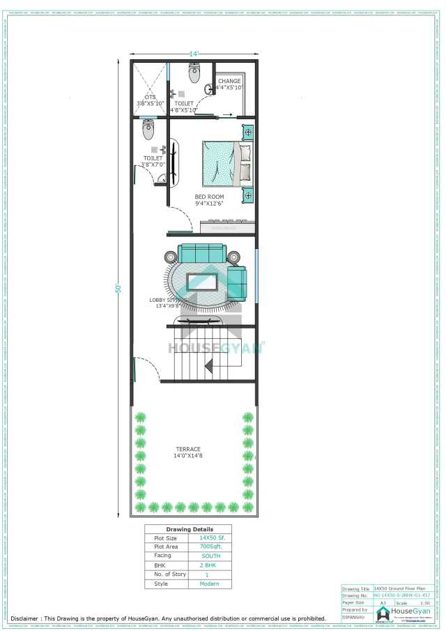 14X50 South Facing 2BHK First Floor House Plan | 700 Sqft Plot Floor Plan