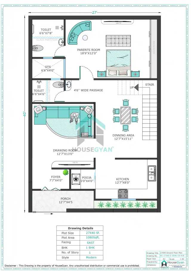 27X40 East Facing 1BHK Ground Floor House Plan | 1080 Sqft Plot Floor Plan