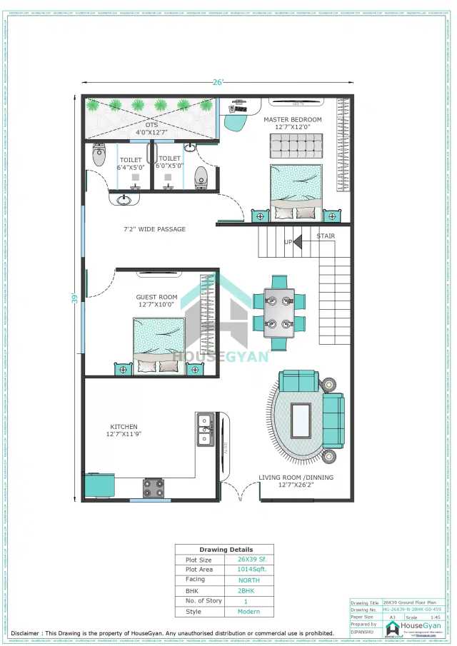 26X39 North Facing 2BHK Ground Floor House Plan