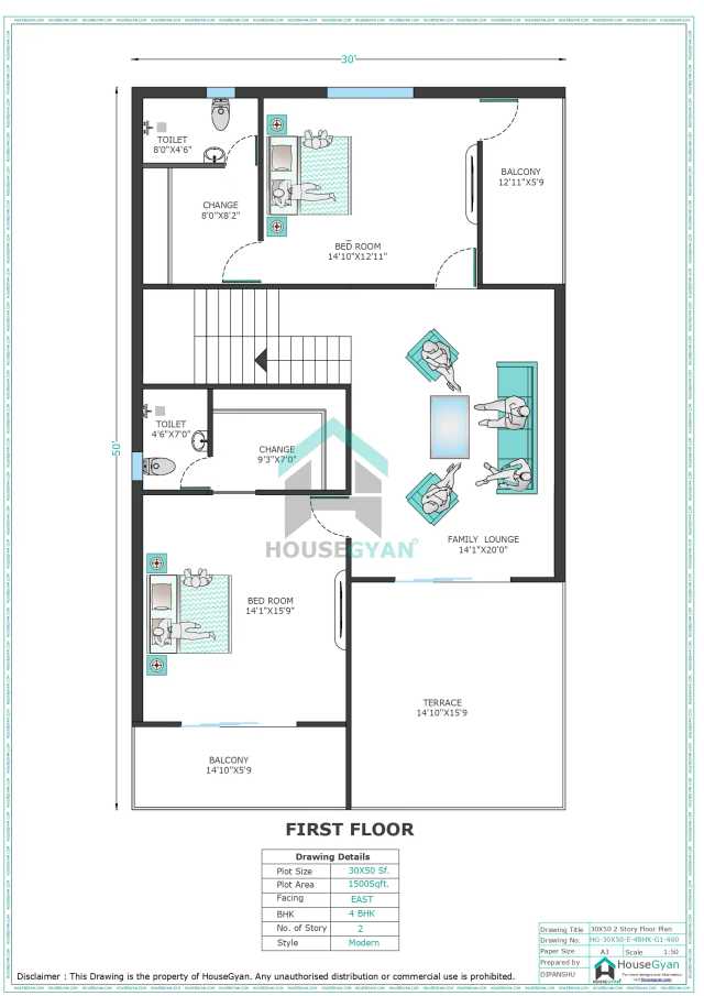 30X50 East Facing 4BHK First Floor House Plan | 1500 Sqft Plot Floor Plan