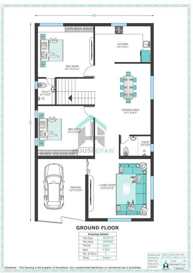 30X50 East Facing 4BHK First Floor House Plan | 1500 Sqft Plot Floor Plan