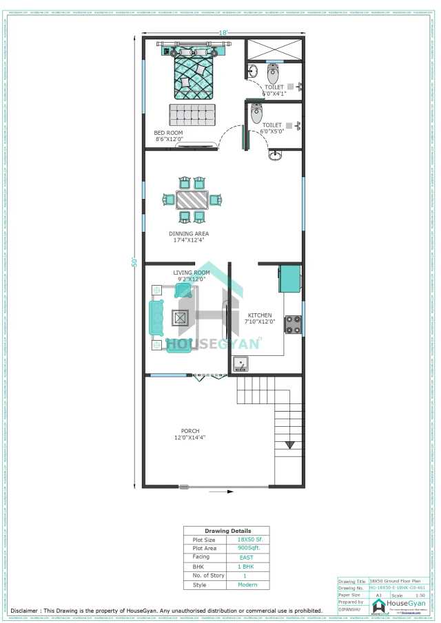 18X50 East Facing 1BHK Ground Floor House Plan