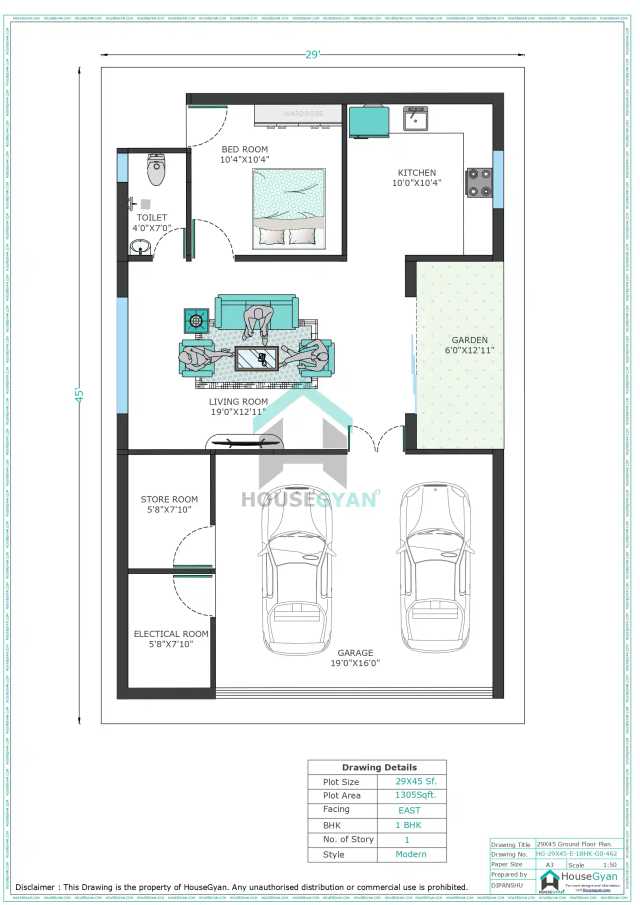 29X45 East Facing 1BHK Ground Floor House Plan