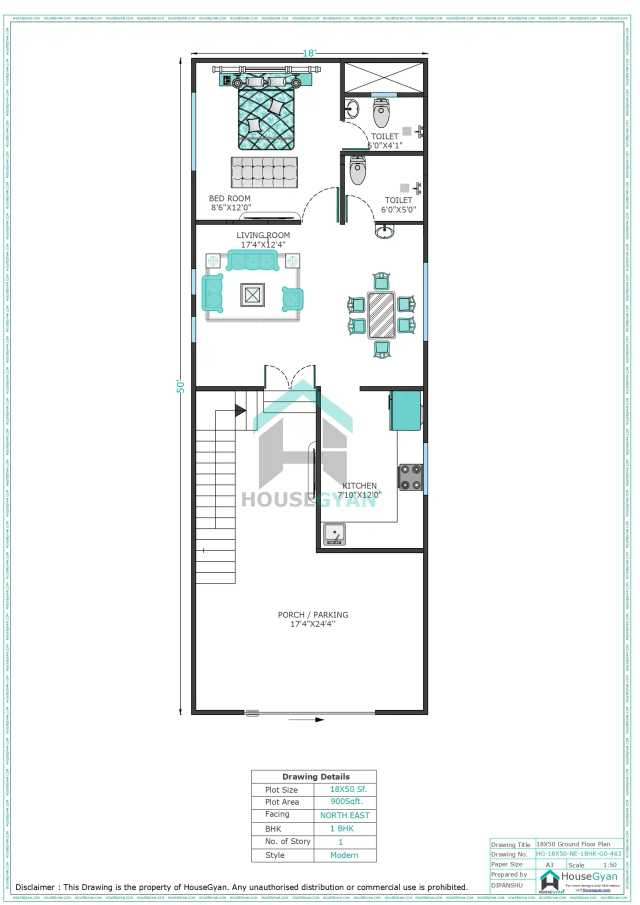 18X50 North East Facing 1BHK Ground Floor House Plan | 900 Sqft Plot Floor Plan
