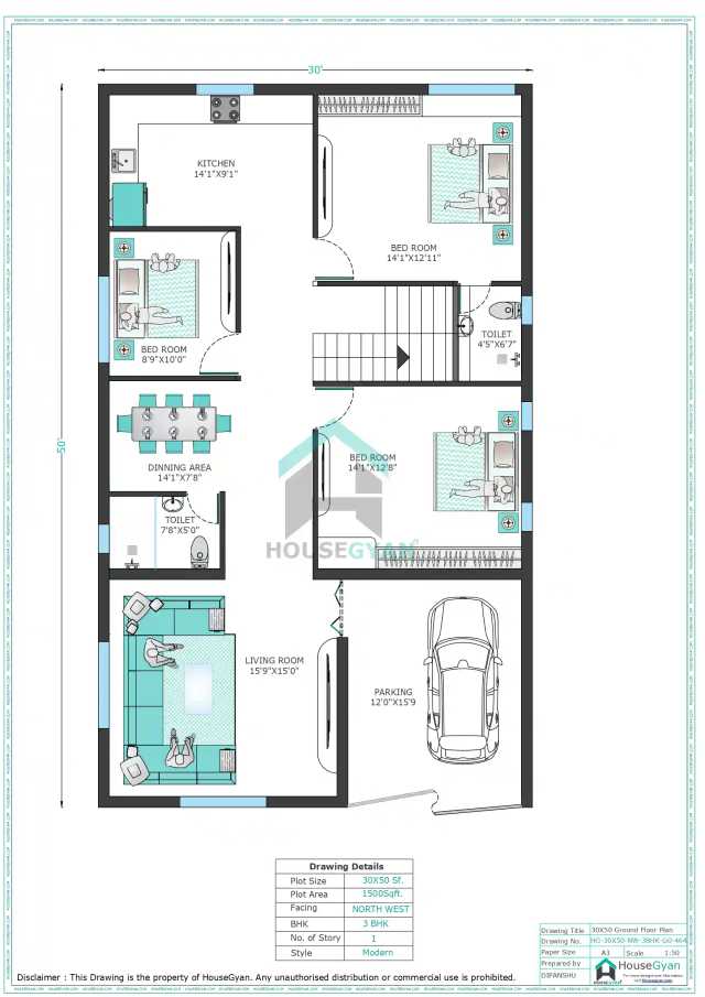 30X50 North West Facing 3BHK Ground Floor House Plan