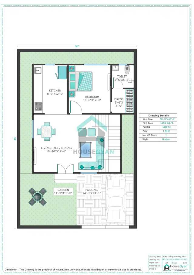 30X45 North Facing 1BHK Ground Floor House Plan | 1350 Sqft Plot Floor Plan