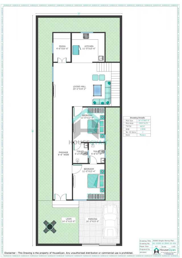 30X80 West Facing 2BHK Ground Floor House Plan | 2400 Sqft Plot Floor Plan