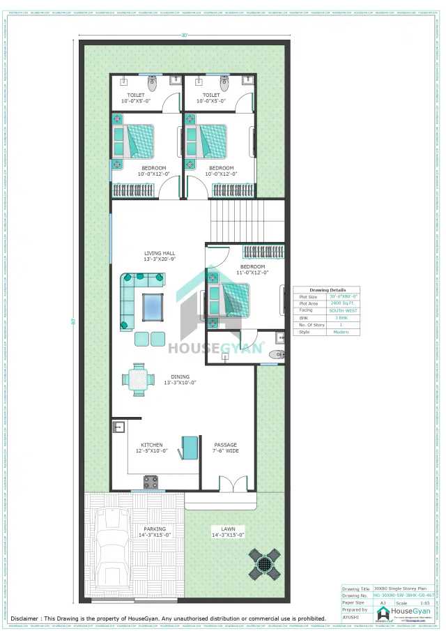 30X80 South West Facing 3BHK Ground Floor House Plan