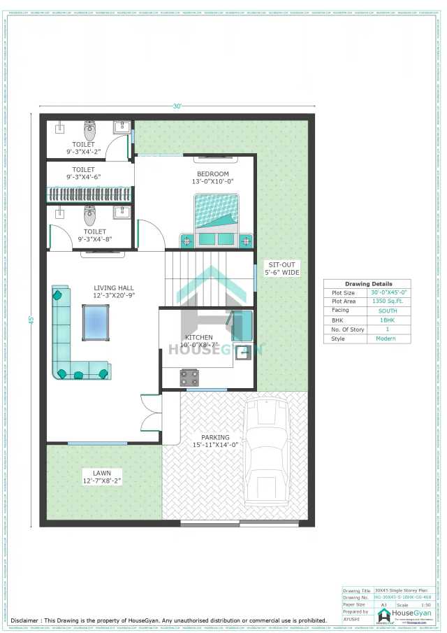 30X45 South Facing 1BHK Ground Floor House Plan