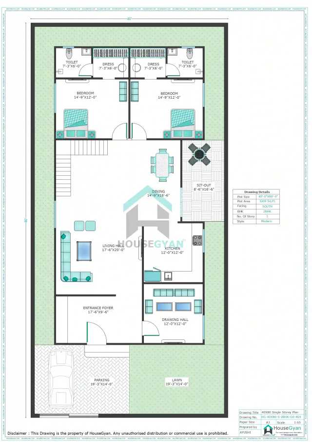 40X80 South Facing 2BHK Ground Floor House Plan | 3200 Sqft Plot Floor Plan