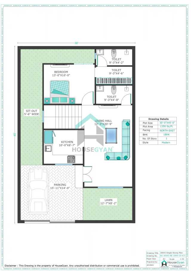 30X45 North East Facing 1BHK Ground Floor House Plan
