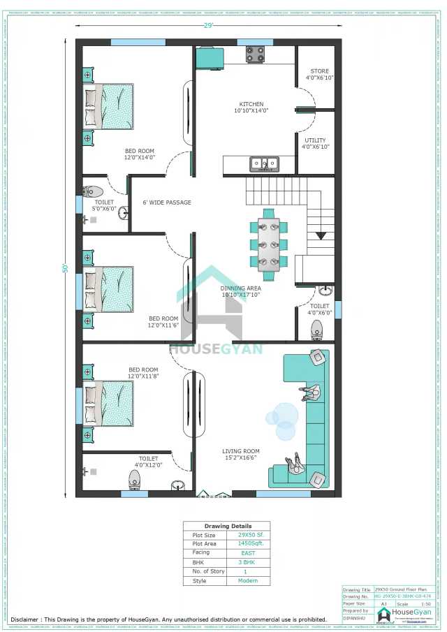 29X50 East Facing 3BHK Ground Floor House Plan | 1450 Sqft Plot Floor Plan