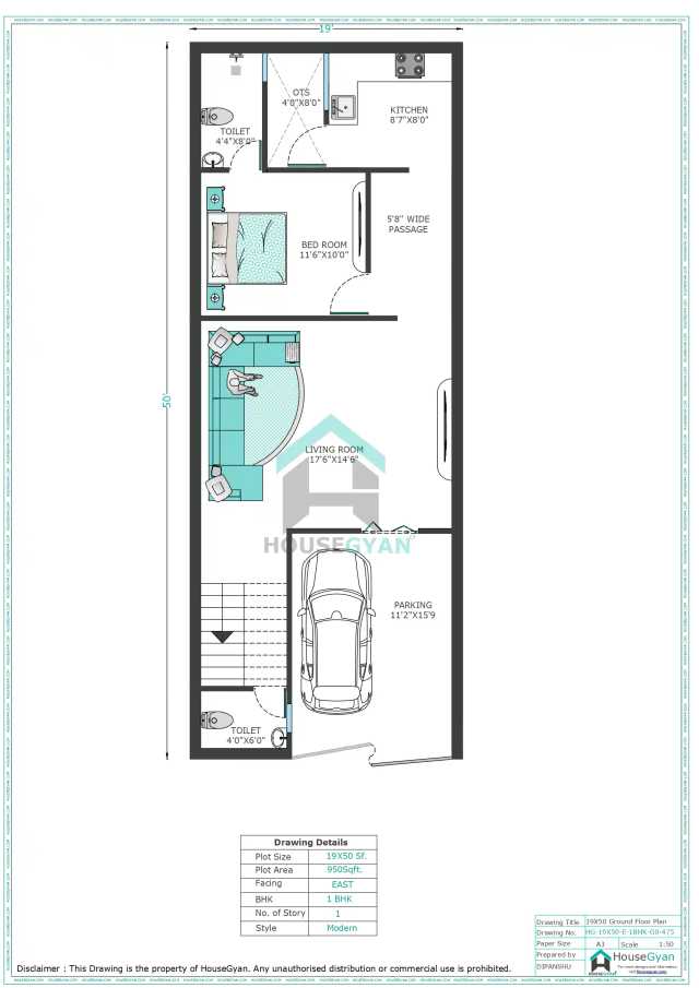 19X50 East Facing 1BHK Ground Floor House Plan | 950 Sqft Plot Floor Plan