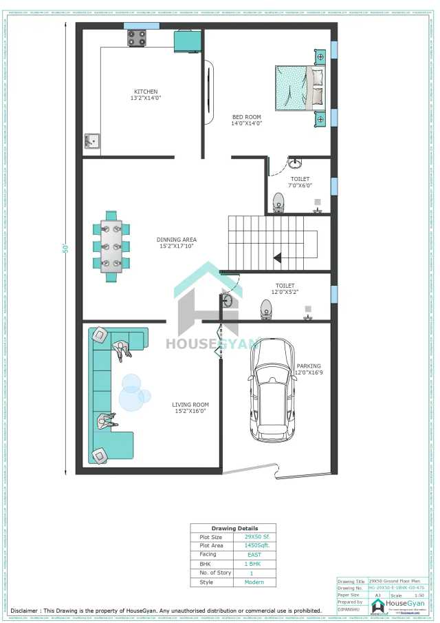 29X50 East Facing 1BHK Ground Floor House Plan | 1450 Sqft Plot Floor Plan