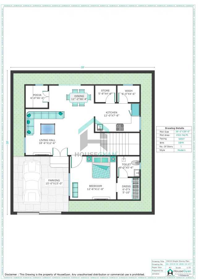 39X39 West Facing 1BHK Ground Floor House Plan | 1521 Sqft Plot Floor Plan