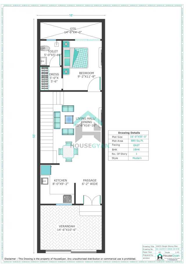 16X55 East Facing 1BHK Ground Floor House Plan