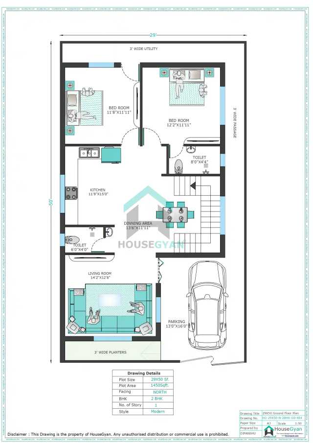 29X50 North Facing 2BHK Ground Floor House Plan