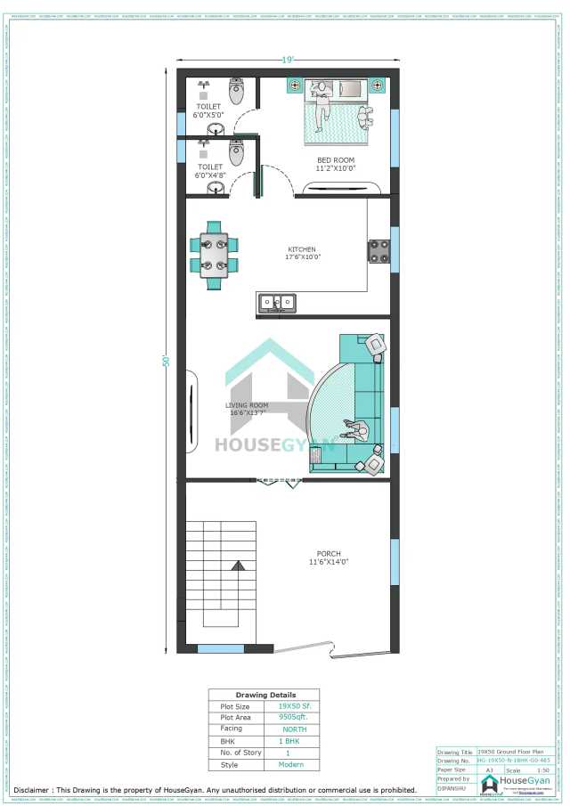 19X50 North Facing 1BHK Ground Floor House Plan