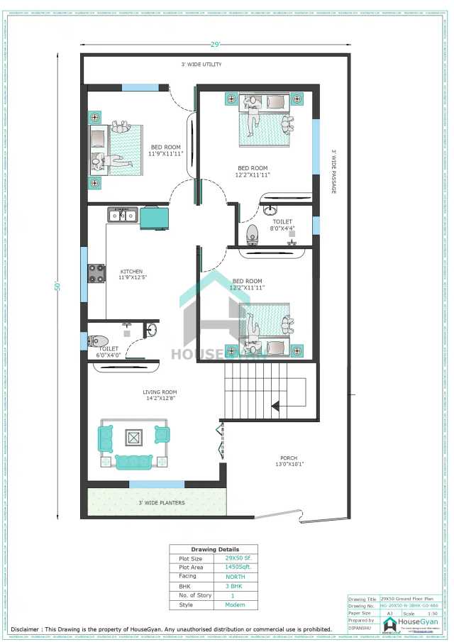 29X50 North Facing 3BHK Ground Floor House Plan