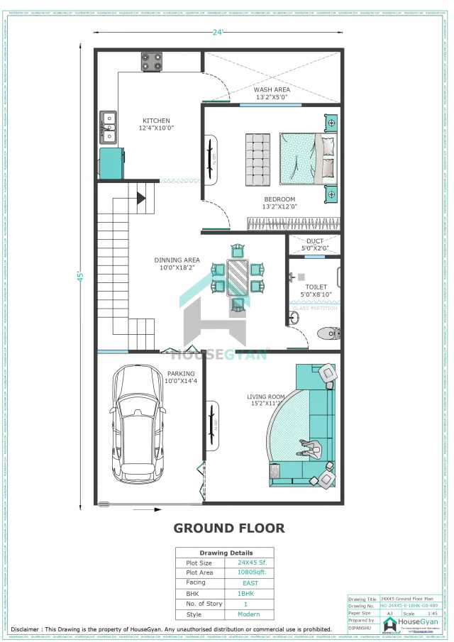 24X45 East Facing 1BHK Ground Floor House Plan