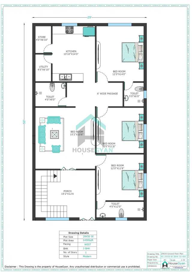29X50 West Facing 3BHK Ground Floor House Plan