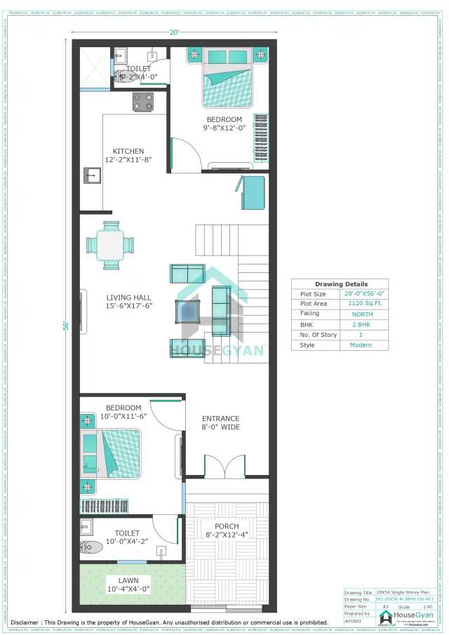 20X56 North Facing 2BHK Ground Floor House Plan | 1120 Sqft Plot Floor Plan
