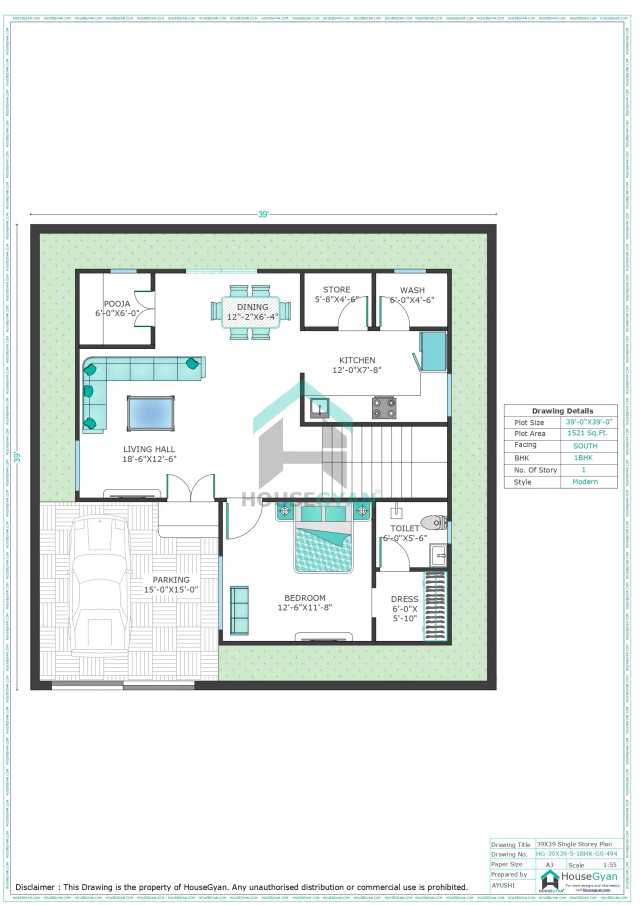 39X39 South Facing 1BHK Ground Floor House Plan