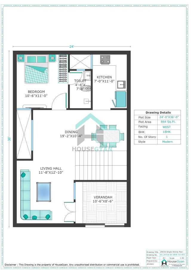 24X36 West Facing 1BHK Ground Floor House Plan | 864 Sqft Plot Floor Plan