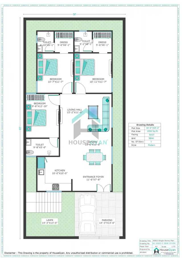 30X65 East Facing 3BHK Ground Floor House Plan