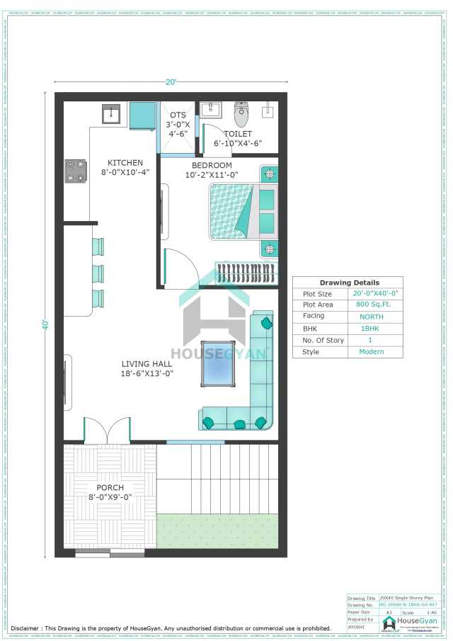 20X40 North Facing 1BHK Ground Floor House Plan | 800 Sqft Plot Floor Plan