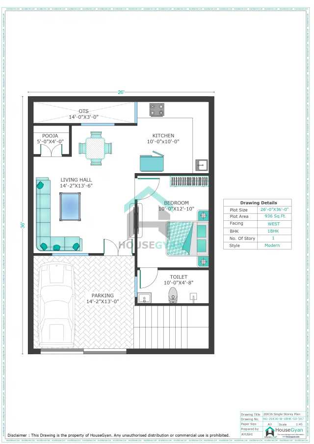 26X36 West Facing 1BHK Ground Floor House Plan | 936 Sqft Plot Floor Plan
