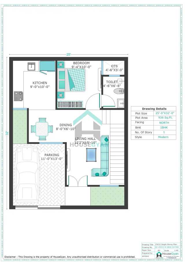 25X32 North Facing 1BHK Ground Floor House Plan