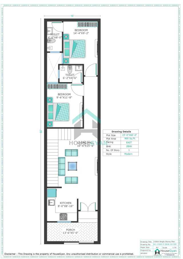 15X60 East Facing 2BHK Ground Floor House Plan