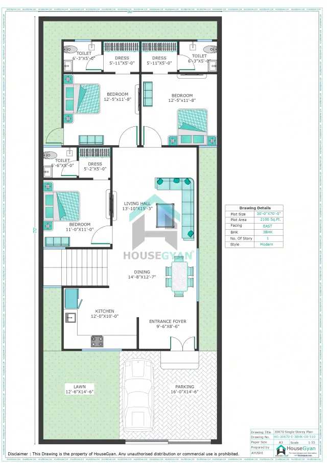 30X70 East Facing 3BHK Ground Floor House Plan