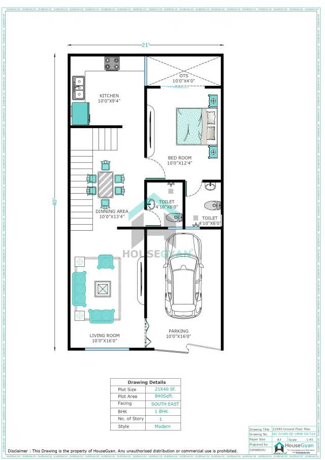 21X40 South East Facing 1BHK Ground Floor House Plan | 840 Sqft Plot Floor Plan